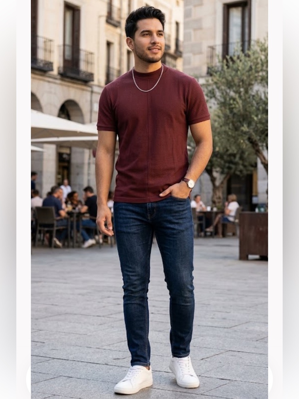 Zara Men's Short-Sleeve Ribbed Tee - Wine